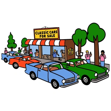 A colorful parade of vintage cars driving down a lively street in front of a vintage car shop. The cars are in various classic colors such as red, blue, and green, showcasing their unique designs from different decades. Each car is meticulously detailed, featuring chrome accents and shiny wheels. The vintage car shop in the background has a retro sign that reads "Classic Cars for Sale" in bold letters. There are people on the sidewalk watching the parade, some taking photos and others chatting enthusiastically about the cars. Trees line the street, adding to the vibrant atmosphere.