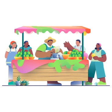 A bustling market stall is filled with baskets overflowing with bright green limes. The stall is made of wooden planks and is adorned with colorful fabric draping around the edges. In addition to the limes, there are a few baskets containing oranges and lemons, adding a vibrant contrast to the green. People can be seen interacting with the vendor, a man with dark skin and a straw hat, as he weighs limes on a scale. The scene is lively, with shoppers examining the fruits and discussing prices. Surrounding the stall are small potted plants and herbs, enhancing the market atmosphere.