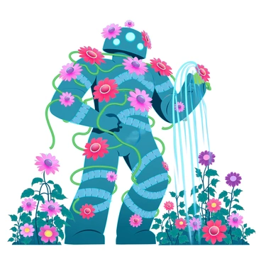 A golem made of flowers and vines tending to a colorful garden.