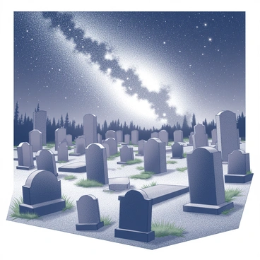 A graveyard filled with numerous gravestones of different shapes and sizes. Some gravestones are upright while others are slightly tilted, covered in patches of moss. The ground is uneven, with patches of grass growing between the stones. The sky above is dotted with countless stars, creating a dramatic display. The Milky Way stretches across the sky, creating a gentle glow that illuminates the graveyard, casting soft shadows on the ground. The atmosphere is tranquil, with a sense of stillness present in the air.