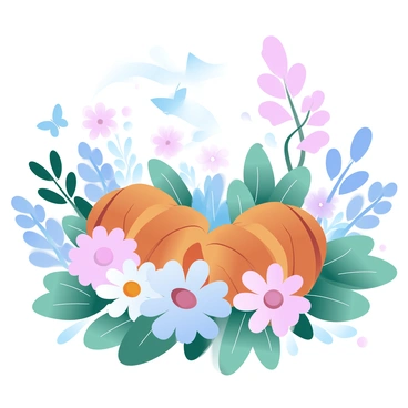 A vibrant garden filled with an array of colorful flowers in full bloom. Among the flowers, golden croissants are nestled, their flaky layers shining in the sunlight. The flowers vary in size and shape, some tall and slender, others short and bushy, creating a diverse landscape. Butterflies flutter around, landing gently on the petals, while a soft breeze sways the flowers. In the background, lush green leaves provide a rich contrast to the vivid colors of the blooms and the warm tones of the croissants. The entire scene conveys a sense of whimsy and creativity.