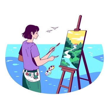 An artist with short brown hair is standing beside a shimmering blue body of water, focused on their easel. The easel holds a canvas featuring a vibrant scene of the delta, capturing lush green vegetation and a sky with bright yellow and orange hues. The artist is holding a paintbrush in one hand and a palette filled with various colors in the other hand. Nearby, a gentle breeze causes small ripples on the water's surface, and a few birds can be seen flying above the scene.