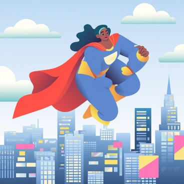 A female superhero with medium brown skin is soaring high above a bustling city. She has long, dark hair that flows behind her as she flies. Her cape is bright red and billows dramatically in the wind, contrasting against the blue sky. She is wearing a sleek blue and gold superhero suit that highlights her athletic build. Her facial expression is one of determination, with her brow slightly furrowed and eyes focused ahead. Below her, a sprawling cityscape features tall skyscrapers, some with reflective glass windows catching the sunlight, while others have vibrant billboards. Fluffy white clouds drift in the sky around her, adding depth to the scene.