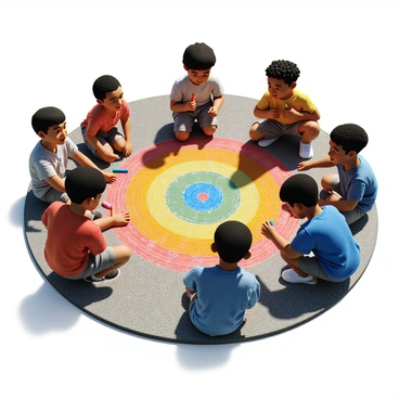 A group of children of diverse backgrounds is gathered on a concrete sidewalk, enthusiastically creating colorful chalk art. They are using bright pieces of chalk in various colors such as red, blue, yellow, and green. The children are kneeling and sitting, intently focused on their work as they draw a large bullseye pattern. The bullseye consists of concentric circles filled with vibrant colors and intricate designs. Some children are smiling and laughing, while others are deep in concentration, using their hands to blend the colors seamlessly into the pattern. The sun casts a warm light over the scene, highlighting their joyful expressions and the vivid hues of the chalk art.