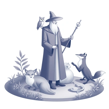 A figure representing "Merlin" stands in the center of a sanctuary, surrounded by multiple animal familiars. The sanctuary features lush greenery, with various plants and small trees scattered around. "Merlin" has a long robe and a distinctive hat, and he holds a staff in one hand. Around him, there are several animals: an owl perched on his shoulder, a fox sitting at his feet, a snake coiled around his arm, and a small raven fluttering nearby. The atmosphere is filled with a sense of enchantment, as the animals look up at "Merlin" with attentive expressions.