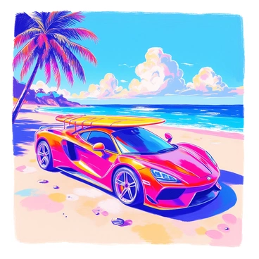 A sleek sports car is parked on the sandy beach. The car is a vivid red color, reflecting the sunlight. It has a low profile and aerodynamic design. On the roof of the car, there is a bright yellow surfboard secured with straps. In the background, tall palm trees are swaying gently in the breeze, casting shadows on the ground. The beach stretches out towards the horizon, where the ocean waves gently lap against the shore. The sky is clear with a few fluffy white clouds.