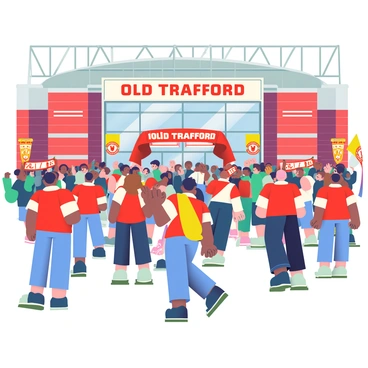 The bustling entrance of Old Trafford is filled with excited fans wearing Manchester United jerseys in red and white. The scene captures a diverse crowd of people, including men, women, and children, all eagerly heading towards the stadium. Some fans are holding scarves high above their heads, displaying the team's emblem, while others are chatting animatedly with each other. Colorful banners and flags are visible around the entrance, fluttering in the breeze. The iconic red-bricked façade of Old Trafford stands tall in the background, with its large glass entrance reflecting the vibrant energy of the crowd.