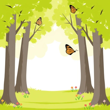 A grove featuring tall, leafy green trees with thick trunks and a dense canopy. Vibrant orange and black monarch butterflies are resting on the branches, their wings delicately open to reveal intricate patterns. Sunlight filters through the leaves, creating dappled light on the forest floor covered in soft green grass and scattered colorful wildflowers. A gentle breeze causes a few butterflies to flutter gracefully in the air, adding a sense of motion to the serene scene.