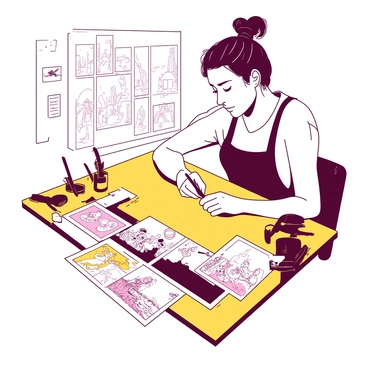 An artist is sitting at a yellow drawing table, focused on creating a comic strip. The artist is using a black ink pen, with various other ink pens scattered around the table. There are multiple colorful panels laid out in front of the artist, showcasing different scenes and characters. The artist’s hand is poised above one of the panels, diligently working on the detailed artwork. In the background, there are sketches pinned to the wall, adding to the creative atmosphere of the space.