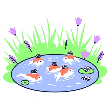 A magical pond is surrounded by lush greenery and vibrant flowers. The water is clear, reflecting the sky above. In the pond, several goldfish are swimming gracefully, each adorned with tiny crowns resting on their heads. The crowns are intricately designed, shimmering with small details that catch the light. The surface of the water has gentle ripples, creating a serene atmosphere. Lily pads float on the water, with a few flowers blooming on them, adding to the enchanting scene. In the background, tall grasses sway softly in the breeze.