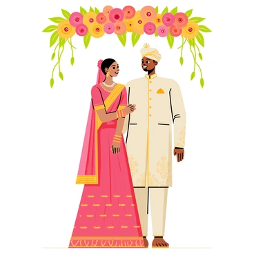 A joyful Indian bride wearing a vibrant red and gold lehenga with intricate embroidery, adorned with a sparkling necklace and matching earrings. The groom stands next to her in a cream-colored sherwani, embellished with golden patterns, and a traditional turban on his head. They are standing together under a beautiful floral canopy made of colorful flowers like marigolds and roses, draping elegantly above them. The couple is smiling at each other, surrounded by green leaves that add to the festive atmosphere.