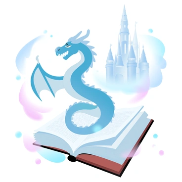 A large dragon is gracefully rising from the pages of an open book, its wings outstretched and scales shimmering. The dragon's body is coiled elegantly as it appears to emerge from the text, surrounded by gentle, swirling pastel colors. In the background, a majestic castle is visible, towering with tall spires and intricate architecture, partially emerging from the book's pages as well. The castle is enveloped in a misty hue, adding depth to the scene. The open book lies on a wooden surface, with its pages fluttering slightly as if caught in a breeze, while small sparkles and wisps of color dance around.