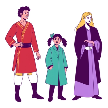 A duotone illustration features individual portraits of the main characters, each standing against a simple background. The first character wears a vibrant red tunic adorned with intricate gold patterns, showcasing a confident smile and an air of determination. The second character is dressed in a bold teal coat, with a playful expression and striking accessories, reflecting their lively personality. The third character sports a regal purple robe, exuding wisdom and calmness, with an attentive gaze that hints at a deep understanding. Each portrait captures the essence of the character through their attire and expression.