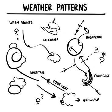 An illustration depicting various weather patterns and systems, with distinct labels for each type. The diagram features swirling clouds representing a hurricane, straight lines indicating warm and cold fronts, and arrows showing wind direction. There are icons for thunderstorms, sunny conditions, and snowfall scattered throughout the diagram. Each pattern is interconnected, illustrating the complex interactions between them. "Weather Patterns" is displayed prominently at the top of the diagram.