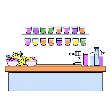 A trendy smoothie bar with a sleek wooden counter. Behind the counter, there are shelves showcasing a variety of colorful fruit smoothies in clear glasses. Each glass displays vibrant layers of fruits like bright orange mango, deep purple acai, and rich green spinach. The bar is adorned with fresh fruits, including bananas, strawberries, and pineapples, arranged in baskets. There are modern straw dispensers and blenders positioned on the counter, ready for use. Bright, cheerful lighting illuminates the space, enhancing the lively atmosphere.