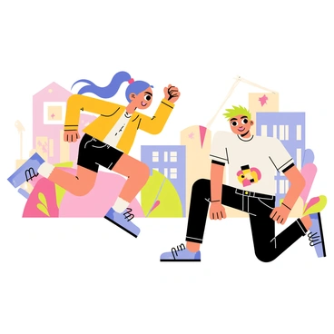 A vibrant scene featuring two characters in dynamic poses. One character is a young girl with long, flowing blue hair, wearing a bright orange jacket and black shorts, leaping through the air with a determined expression. The second character is a tall boy with spiky green hair, dressed in a white t-shirt and dark jeans, crouched on one knee, ready to spring into action. They are set against a lively urban backdrop made of stylized buildings and colorful graffiti. The overall composition conveys a sense of motion and excitement, emphasizing the characters' energy and determination.