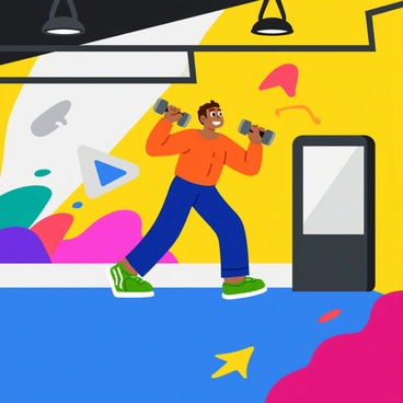 A vibrant wall mural in a gym features a person performing a dumbbell pullover exercise. The figure is shown mid-motion, with a clear emphasis on their muscles engaged in the workout. Bright colors fill the mural, highlighting the determination and energy of the athlete. The background includes dynamic shapes and patterns that convey movement and vitality, creating an exciting atmosphere in the gym setting. The entire composition is lively, drawing attention to the importance of fitness and strength training.