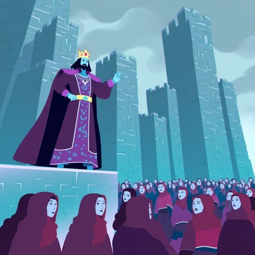 A tyrannical king with a stern expression and a golden crown is standing on a large stone balcony of an imposing castle. He is wearing a long, dark robe adorned with intricate patterns. His right arm is raised in a commanding gesture, directing attention toward the crowd below. The subjects, with weary faces and tattered clothing, are gathered in a large square, looking up with a mixture of fear and resentment. The castle towers loom in the background, under a stormy sky, enhancing the atmosphere of oppression and tension.