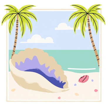 A vintage-style postcard featuring a large, opened giant clam resting on soft, white sand. The clam has a rich blue and purple iridescent interior, glistening under the sun. In the background, tall palm trees sway gently, framing the scene on either side. The turquoise ocean waves lap at the shore, with a few seashells scattered in the foreground. A clear blue sky is visible above, adding to the tropical atmosphere. The edges of the postcard are decorated with delicate floral patterns.