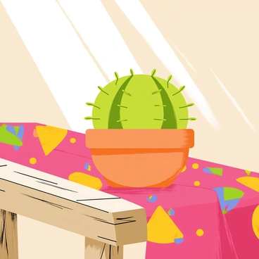 A small green cactus with well-defined spines is placed in a round terracotta pot. The cactus sits on a rustic wooden table with visible grain and texture. The table is covered by a vibrant tablecloth featuring bold colors and patterns, creating a striking contrast with the natural wood. Soft light filters down onto the scene, highlighting the cactus and the rich colors of the tablecloth.