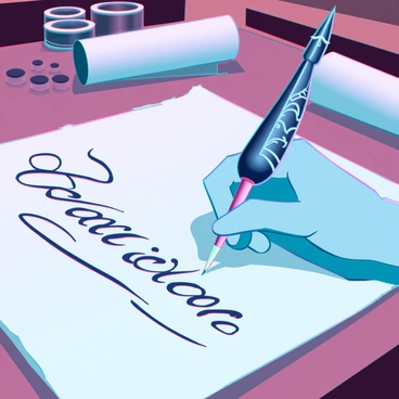 A calligrapher's hand with delicate, slender fingers is seen gracefully guiding a quill across a sheet of smooth, aged parchment. The ink flows from the quill, forming elegant italic letters that swirl and curve with precision. The quill features intricate designs along its handle, catching the light subtly. In the background, there is a softly lit workspace with a wooden desk scattered with various ink pots and a few rolled-up manuscripts. A faint shadow of the calligrapher's focused expression is cast on the parchment, suggesting concentration and artistry.