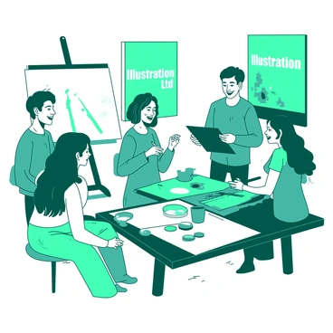 A teal group of five people is engaged in an art workshop, surrounded by various art supplies. Each person is displaying different artistic activities; one is sketching on a white canvas, while another is mixing colors on a teal palette. A third person is carefully applying paint to a large white paper, and a fourth is discussing with a fellow participant while holding a sketchbook. A poster on the wall features the text "Illustration Ltd" in a bold font. The atmosphere is vibrant, filled with laughter and creativity.