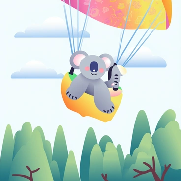 A koala with gray fur and large ears is sitting comfortably in a colorful paraglider. The paraglider is adorned with bright patterns, catching the sunlight as it soars through the sky. Below, a lush landscape of tall eucalyptus trees stretches out, their green leaves rustling in the gentle breeze. The sky is a clear blue with a few fluffy white clouds scattered throughout. The koala appears relaxed, with its paws resting on the edge of the paraglider, enjoying the view from high above the treetops.