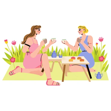 Two best friends sitting on a light green picnic blanket in a sunlit garden. Each friend is holding a delicate china teacup decorated with floral patterns. One friend has long, wavy brown hair and is wearing a pastel pink dress, while the other has short, curly blonde hair and is dressed in a light blue sundress. A small wooden table is set nearby with an assortment of colorful pastries and a matching teapot. Lush green grass surrounds them, and there are blooming flowers in vibrant colors all around, enhancing the cheerful atmosphere of the tea party.