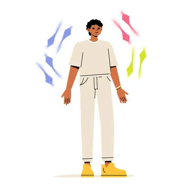 An individual standing with a neutral expression and arms slightly outstretched. The person has short, dark hair and is wearing a simple, casual outfit. Surrounding the individual are vibrant, colorful auras in shades of blue, red, green, and yellow, each aura casting distinct shadows onto the ground. The shadows have varying shapes and intensities, creating an interesting pattern beneath the individual.