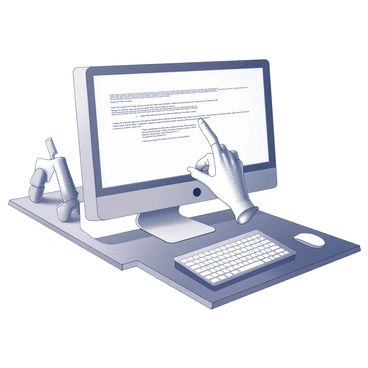 A human hand with a finger extended is pointing towards a computer screen. The screen shows a displayed error message in a bold font. The surrounding area includes a desk with a keyboard and other tech accessories, emphasizing a workspace environment. The finger is clearly directed at the message, capturing a moment of focus and concern.