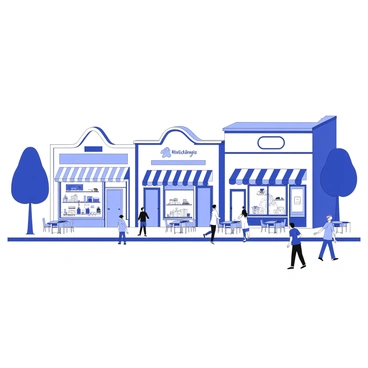 A main street features unique shops and cafes, creating a lively scene. Each shop has distinct architectural details, with large display windows showcasing various items for sale. Cafes have outdoor seating with tables and chairs arranged along the sidewalk. The awnings above the entrances are varied in design and shape, providing shade to patrons. People walk along the street, some engaging in conversation, while others browse shop displays. Trees line the street, adding greenery to the urban environment.