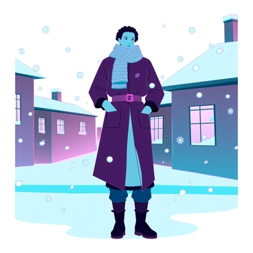 A person with medium skin tone and short hair is bundled up in a stylish, knee-length winter coat that features a belted waist and a high collar. They are wearing a thick, knitted scarf wrapped multiple times around their neck, with the ends hanging down. The individual is standing on a snowy street, surrounded by gently falling snowflakes that settle on the ground, creating a soft white blanket. Snow-covered rooftops of nearby buildings can be seen in the background, and the ambient light casts a warm glow, contrasting with the wintry scene.