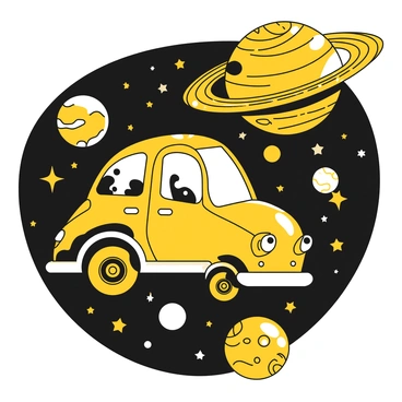 A cartoon car with exaggerated features and rounded edges, designed in a playful manner, is floating freely in outer space. The car has large wheels and a vibrant body, reflecting a joyful aesthetic. Surrounding the car, various planets of different sizes and shapes can be seen, each displaying unique textures and surface details. Numerous stars twinkle in the background, creating a sense of depth and movement in the vastness of space.