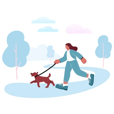 A woman is walking a dog on a path in a minimalist city park. The woman is dressed in casual clothing, holding the dog's leash firmly in one hand. The dog is a medium-sized breed, happily trotting beside her. Simple trees with clean lines are scattered throughout the park, providing gentle greenery. The path is smooth and wide, winding through the park. Soft gradient pastel colors fill the sky above, creating a calm atmosphere.