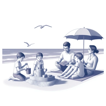 A family of four is gathered on a beach, enjoying a sunny day. Two children are building a detailed sandcastle with buckets and shovels, their faces filled with concentration. Nearby, a mother and father are sitting under colorful umbrellas, relaxing on beach towels. The father is reading a book while the mother is watching the children, smiling. In the background, gentle waves are rolling onto the shore, creating a serene atmosphere. Seagulls can be seen flying above, adding to the beach scene.