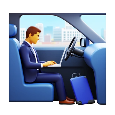 A professional checking emails on a laptop during an Uber ride to an airport