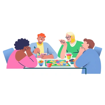 A group of four friends is gathered around a table, engaged in playing a classic board game on a tablet. One friend has curly black hair and is sitting on the left, leaning forward with a smile as they touch the screen. Next to them, a friend with straight blonde hair is holding a tablet stylus, intently focused on the game. On the right, a friend with glasses is laughing, showing visible excitement. The fourth friend, with short brown hair, is sitting across from them, looking thoughtful while resting their chin on their hand. The table is cluttered with snacks in colorful bowls and drinks in vibrant cups, creating a lively atmosphere. The tablet screen displays a colorful game board with classic game pieces in bright hues.