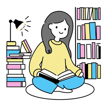 A girl with long brown hair is sitting cross-legged in a cozy library corner. She is wearing a soft, oversized sweater and has a gentle smile on her face. Surrounding her are numerous watercolor books with colorful spines stacked on wooden shelves. A warm light is coming from a nearby lamp, creating a soft glow that highlights the pages of an open book in her lap. The floor is covered with a plush rug, adding to the inviting atmosphere of the scene.