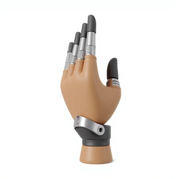 A prosthetic hand implant with a sleek, metallic finish and a realistic skin tone that blends seamlessly at the wrist. The hand features articulated mechanical fingers, each meticulously designed with joints that allow for flexible movement. The fingers have a combination of silver and matte black components, showcasing advanced technology in their construction. Tiny sensors are embedded along the fingers, indicating a high level of functionality. The palm is slightly curved, suggesting a natural grip, while the overall design emphasizes both innovation and precision in engineering.