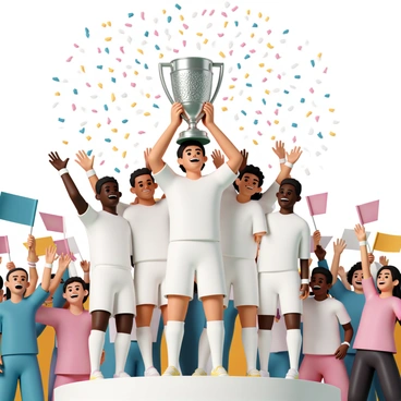A sports team, consisting of diverse players in matching uniforms, is lifting a large "Pokal" above their heads. The trophy glimmers under the light, adorned with intricate designs. The team members, smiling widely, are standing on a podium with their arms raised triumphantly. Colorful confetti rains down from above, filling the air with vibrant colors. In the background, a crowd of enthusiastic fans is cheering loudly, waving flags and banners in support of their team. The atmosphere is filled with excitement and celebration.
