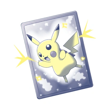 An illustration of a trading card featuring "Pikachu" in a dynamic pose. Pikachu is shown with its ears perked up and its cheeks charged with energy. Surrounding Pikachu are several "electric sparks" radiating outward, creating a sense of movement and energy. The background includes abstract shapes that imply motion and energy without specific details. The overall composition conveys the essence of a powerful electric type Pokémon.