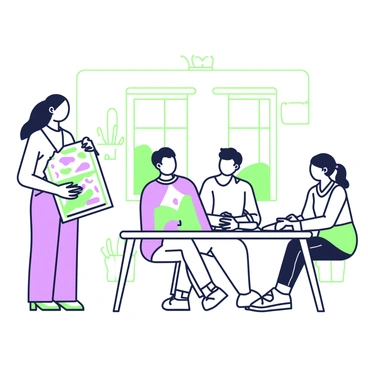 A student is standing in front of a panel of instructors, presenting their illustration portfolio. The student has long hair tied back and is wearing a casual shirt and jeans. In their hands, they hold a large portfolio filled with vibrant illustrations. The portfolio is open, showcasing several detailed illustrations, including a landscape, a character design, and abstract art. The instructors are seated at a table in front of the student, looking attentively at the portfolio and taking notes. The room has white walls and a few potted plants in the background.