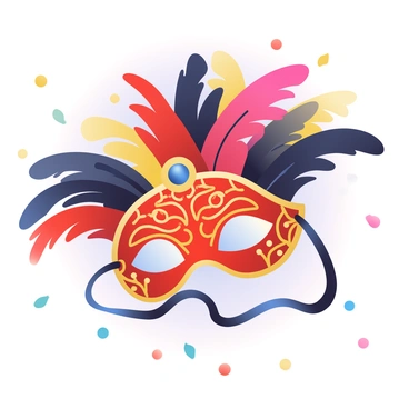 An intricately designed red carnival mask is placed prominently in the center of the image. The mask features ornate gold patterns and embellishments that add depth and detail. Colorful feathers in shades of red, black, and gold cascade from the top of the mask, creating a dramatic effect. The background is softly blurred to enhance the focus on the mask, while hints of a festive atmosphere are suggested by indeterminate shapes of confetti scattered around. Light glimmers off the mask, highlighting its textures and intricate designs.