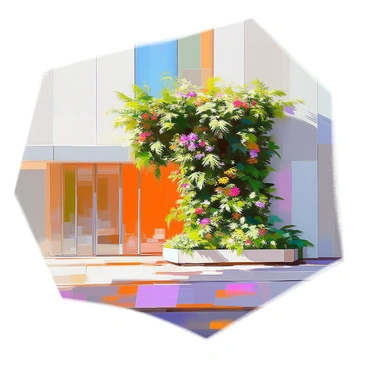 A contemporary building facade with smooth, sleek lines and large glass windows. The facade is adorned with a vertical garden that showcases a diverse array of plants, including ferns, succulents, and flowering vines. The greenery is lush and vibrant, cascading down the wall and creating a striking contrast with the modern architecture. The sunlight reflects off the glass surfaces, enhancing the overall visual impact of the building.