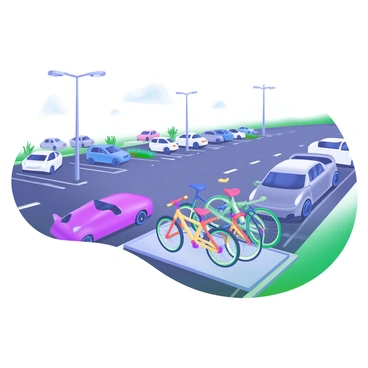 A view of a parking lot characterized by a variety of vehicles parked in orderly rows. In the foreground, there is a bike rack filled with colorful bicycles in shades of blue, red, yellow, and green. Each bicycle has unique features, such as different frame styles and handlebar designs. The asphalt surface is dotted with white parking lines, and nearby light posts provide illumination. A grassy area is visible in the background, adding a touch of nature to the urban scene.