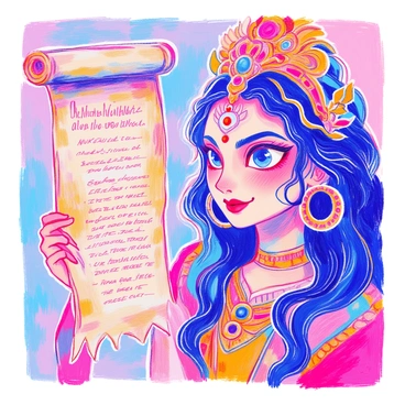 A close-up of "Durga's face" is depicted with intricate features and expressive eyes. Her expression conveys strength and knowledge. Next to her, there is an "ancient scroll" with faded writing and ornate borders. The scroll is partially unrolled, suggesting a wealth of wisdom contained within. The background is softly blurred, emphasizing the connection between Durga and the scroll, highlighting the theme of wisdom and knowledge.
