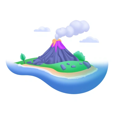 A flat-3D illustration of an island featuring a "smoking volcano" at its center. The volcano is actively releasing smoke into the sky, creating a dramatic atmosphere. The island has lush greenery and rocky terrain surrounding the volcano. The sea surrounding the island is a deep blue, with gentle waves lapping at the shoreline. A few scattered clouds are visible in the sky, adding depth to the scene.
