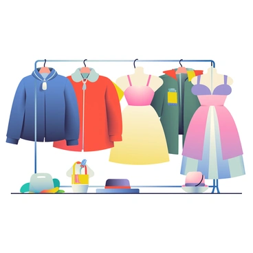 A vibrant seasonal clothing display features a variety of winter jackets hanging on sleek, modern racks. Each jacket is in a distinct color, including deep blue, bright red, and earthy green. Nearby, lightweight summer dresses are elegantly draped on mannequin forms, showcasing pastel shades of pink, yellow, and lavender. Colorful accessories such as bright scarves, bold handbags, and stylish hats are artfully arranged on a table in front of the display. The overall scene is bright and inviting, highlighting the contrasting styles of seasonal wear.