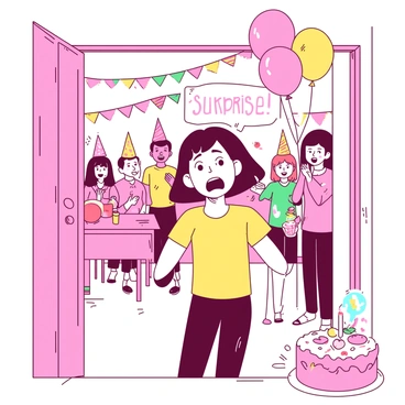 A person with short brown hair and a surprised expression is standing at the entrance of a room, eyes wide and mouth slightly open. The room is filled with colorful decorations, and balloons in various sizes float around. A group of people in the background, wearing party hats, are clapping and smiling while shouting "Surprise!" streamers hang from the ceiling in vibrant colors. The person's hands are raised slightly as if to shield themselves from the unexpected scene, and a large cake can be seen on a table to the side, adorned with colorful frosting.