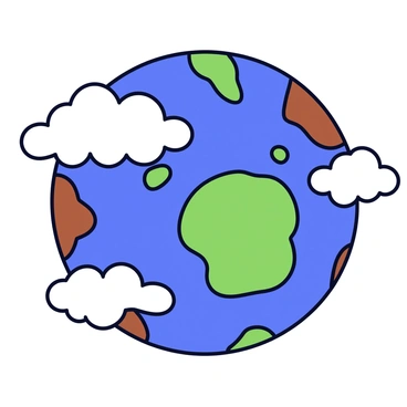 A depiction of "Planet Earth" where the surface is divided into various sections. Each section is shown inflating and deflating rhythmically, resembling the surface of a rubber ball. The landmasses are colored in shades of green and brown, while the oceans are depicted in vibrant blue. The atmosphere is illustrated with soft white clouds that drift around the planet. The overall effect creates a dynamic sensation, as if the planet is breathing.
